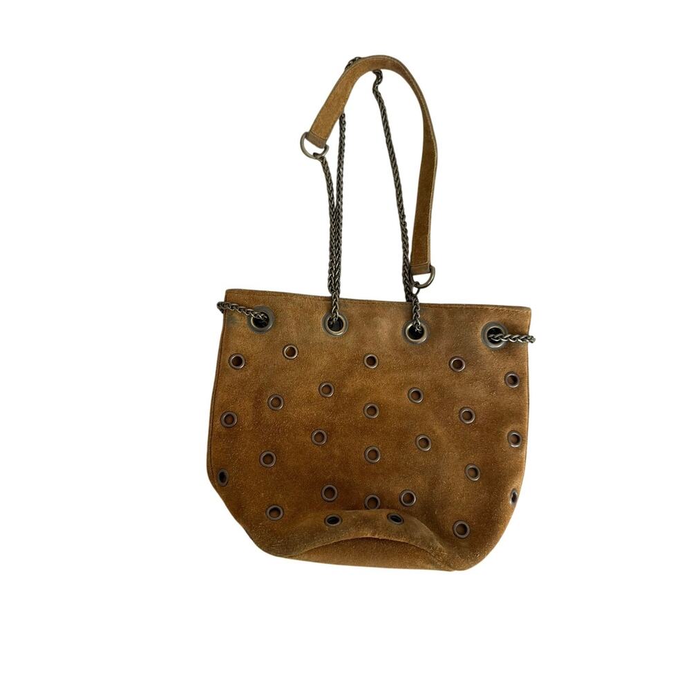 Vintage Karl Marc John Camel Suede Grommet Chain Shoulder French Boho Purse - Picture 2 of 11